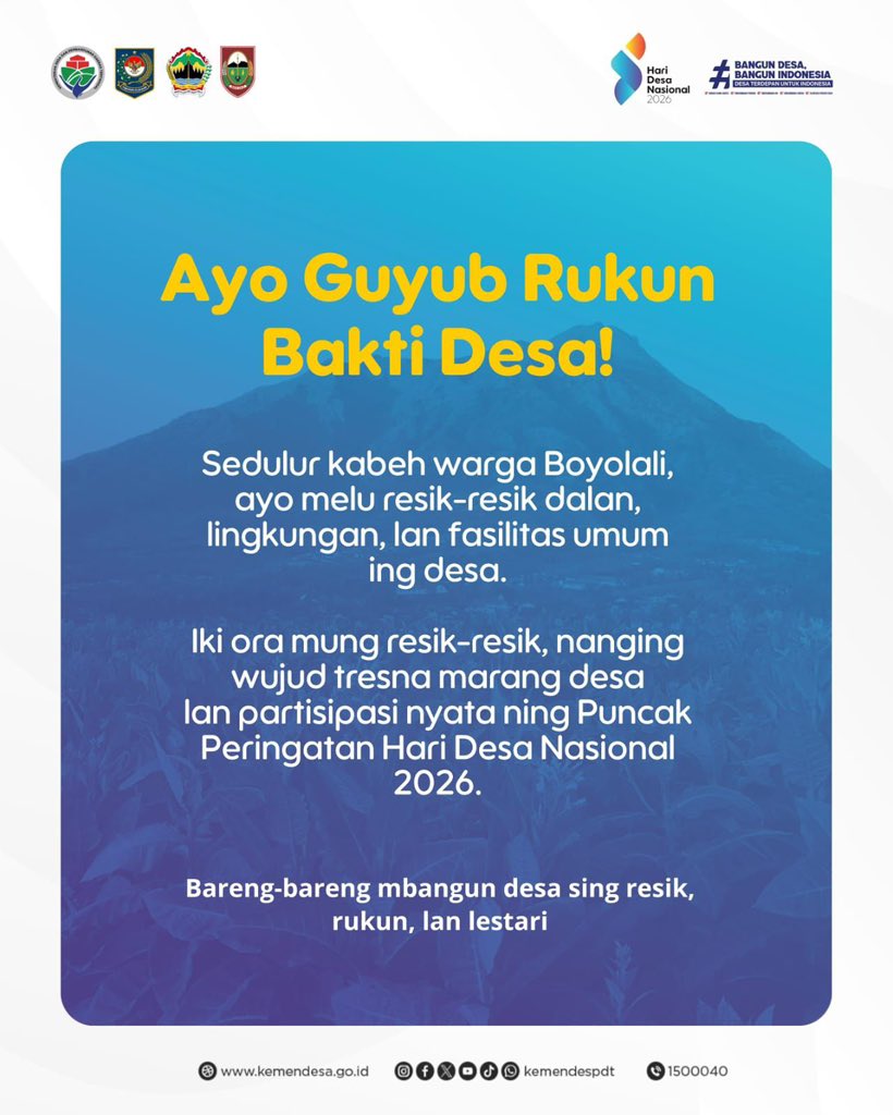 SEMARAKKAN HARI DESA 
dengan *Hari Desa Wujudkan Desa Menjadi Garda Terdepan Indonesia*
<a href="/PrabowoSubianto/">PRABOWO 2014</a> 
@GibranRakabuming
<a href="/YandriSusanto/">Yandri Susanto</a>
<a href="/ArizaPatria/">Ariza Patria</a>
@KementerianDesaPDT
@BPSDMKemendesaPDT
@DesaPesonaNusantara
#HariDesaNasional2026
#PendampingDesaHebat
#TPPKemendesaPDT
