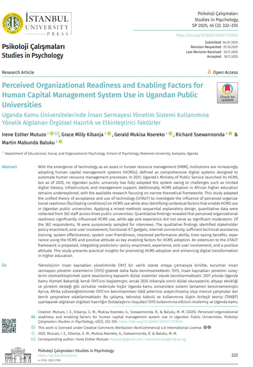 Studiesinpsy's tweet photo. I. Es Mutuzo, G. M. Kibanja, G. M. Nsereko, R.Ssewannonda ve M. M.Baluku’nun “Uganda Kamu Üniversitelerinde İnsan Sermayesi Yönetim Sistemi Kullanımına Yönelik Algılanan Örgütsel Hazırlık ve Etkinleştirici Faktörler”adlı makalesi son sayımızda https://t.co/AEGBE5aanQ #OpenAccess https://t.co/kIv8bn2gDi
