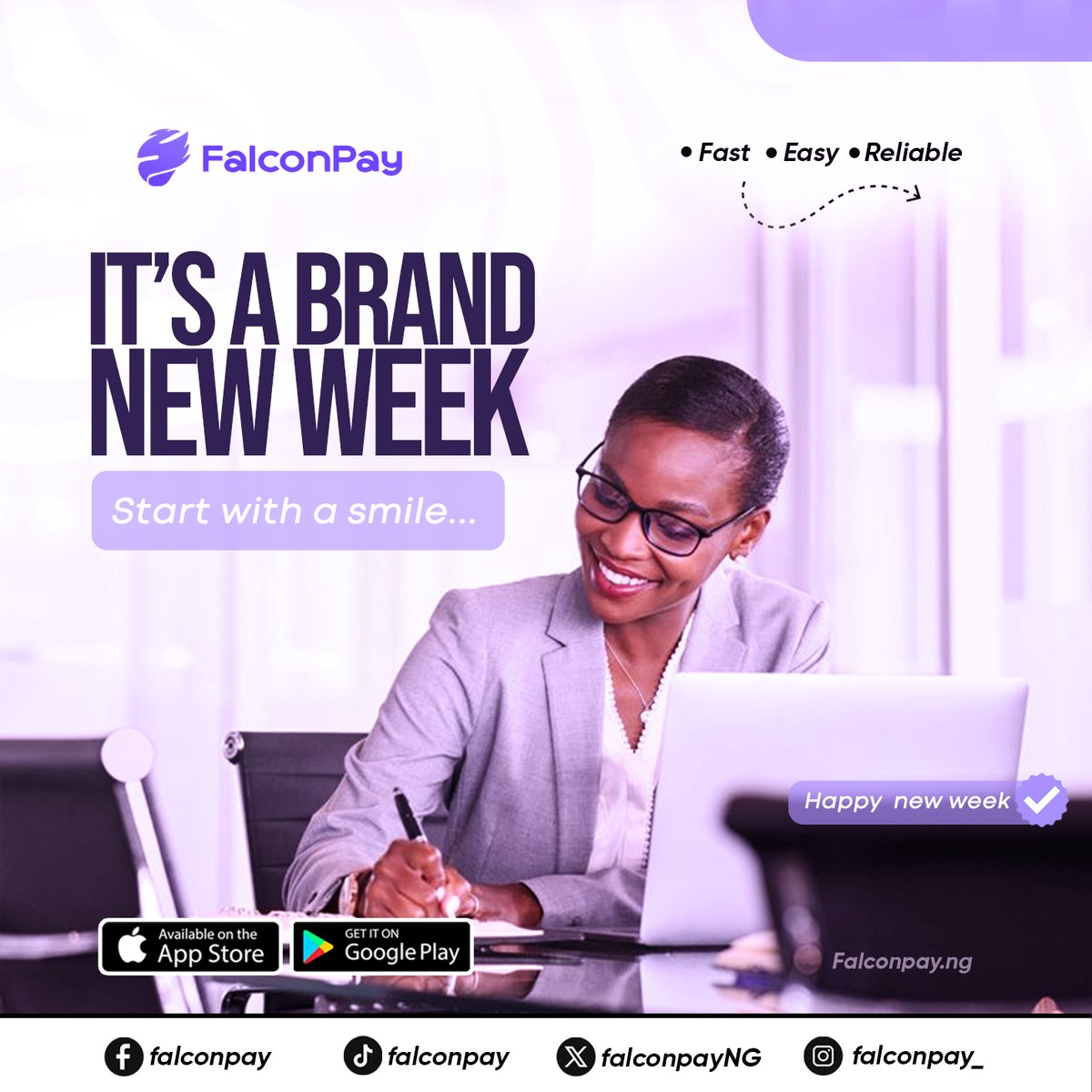 FalconPayNG's tweet photo. Monday feels better when payments are stress-free 😊
Start your week with FalconPay.

Keep the energy high all week long.

Happy new week 🎉

#falconpay #newweek https://t.co/uUhfaI4qWq