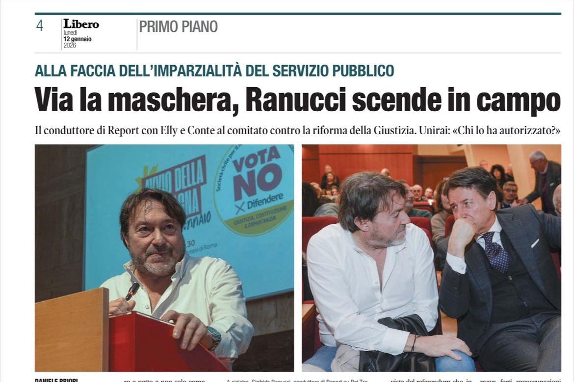 Orgoglioitalia3's tweet image. Sigfrido Ranucci, conduttore di #Report (ancora regolarmente in palinsesto su Rai3, pagato coi nostri soldi del canone), si presenta al comitato referendario NO alla riforma giustizia seduto in prima fila tra Elly Schlein e Giuseppe Conte. Baci, sussurri all'orecchio, posto…