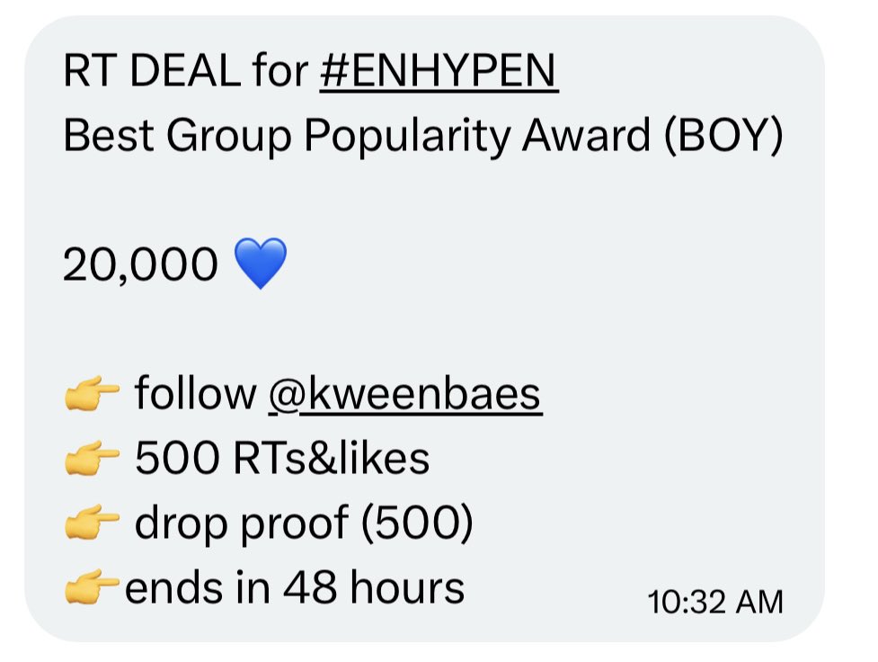 jmlgbrl's tweet photo. RT DEAL for #ENHYPEN
Best Group Popularity Award (BOY)

20,000 💙

👉 follow @kweenbaes 
👉 500 RTs&amp;likes
👉 drop proof (500)
👉ends in 48 hours https://t.co/gFUK91rI2v