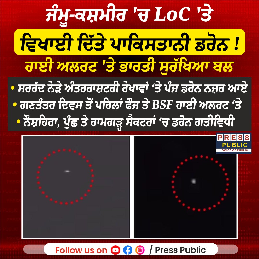 dailypresspubl1's tweet image. ਜੰਮੂ-ਕਸ਼ਮੀਰ 'ਚ LoC 'ਤੇ ਵਿਖਾਈ ਦਿੱਤੇ ਪਾਕਿਸਤਾਨੀ ਡਰੋਨ ! ਹਾਈ ਅਲਰਟ 'ਤੇ ਭਾਰਤੀ ਸੁਰੱਖਿਆ ਬ

#JammuKashmir
#LOCAlert
#DroneActivity
#IndianArmy
#BSF
#BorderSecurity
#NationalSecurity
#RepublicDayAlert
#BreakingNews
#IndiaPakistan