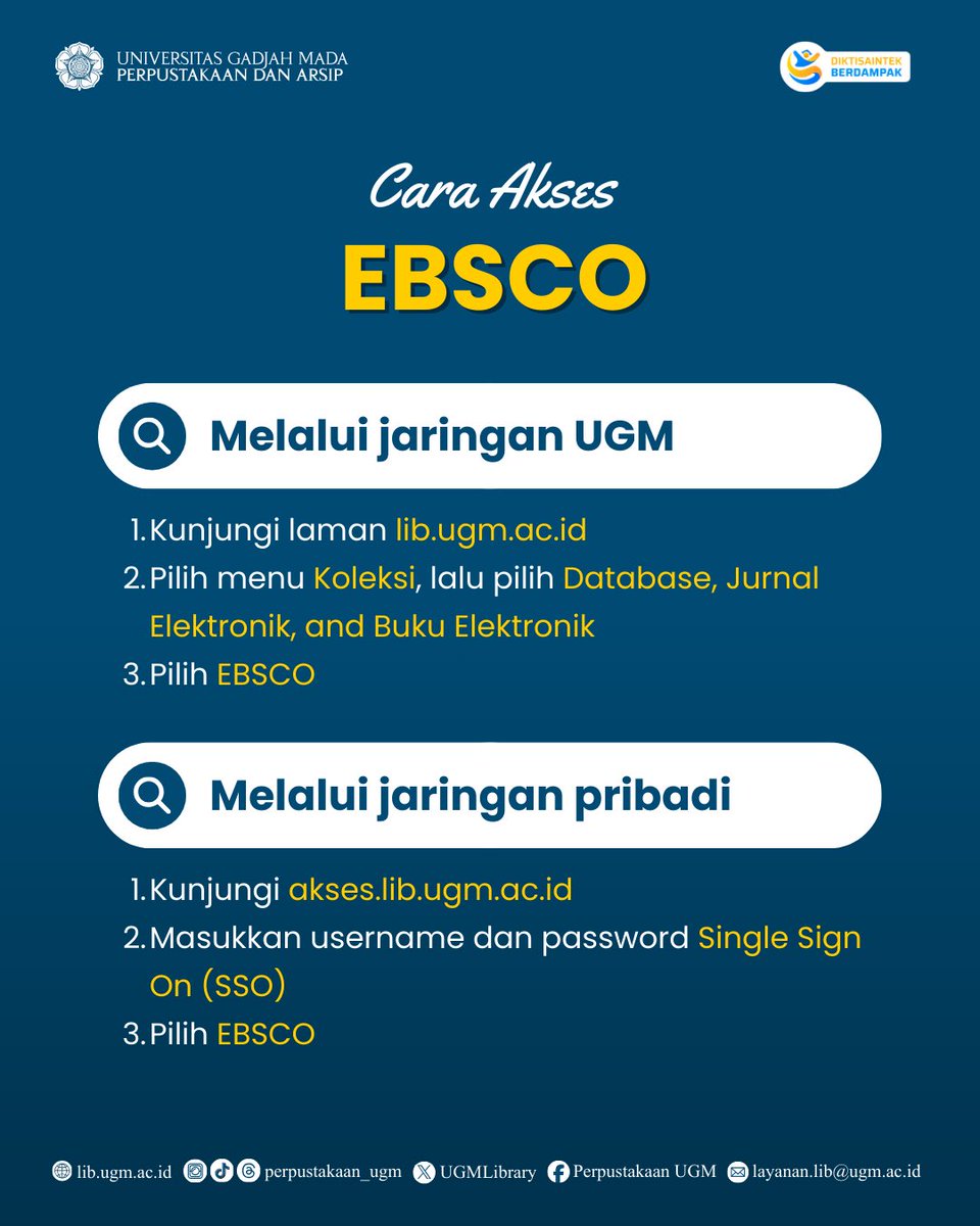 Tahukah kamu? 🤔
EBSCO adalah database aggregator yang menghimpun jurnal ilmiah dan publikasi akademik dari berbagai penerbit internasional. Melalui EBSCO, Civitas UGM dapat mengakses jurnal multidisiplin serta bidang bisnis dan ekonomi dalam satu platform terpadu.