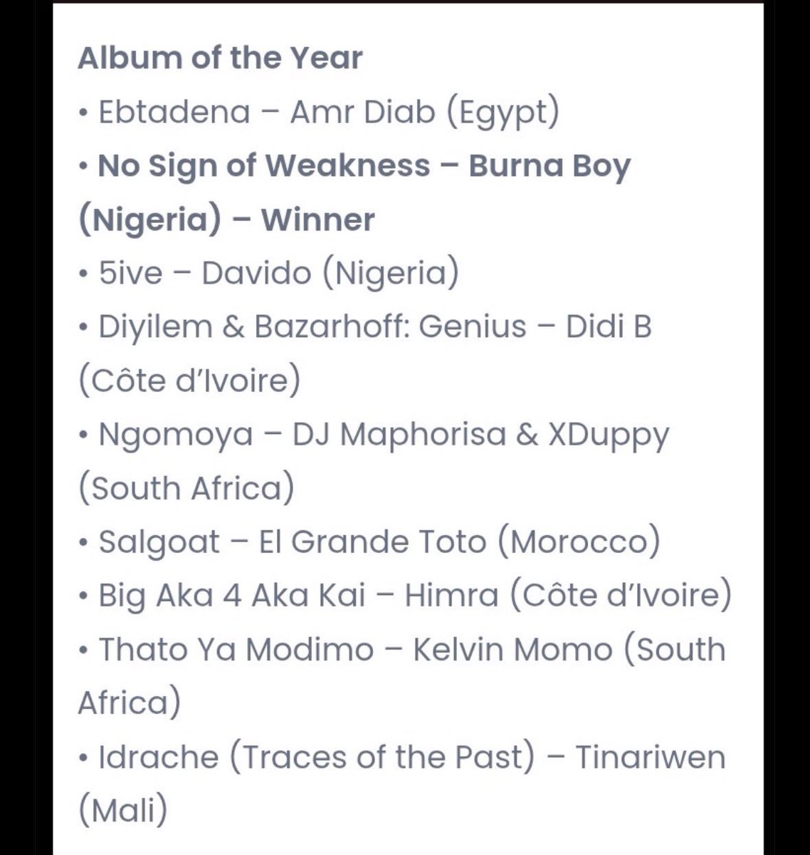 1BENNY7G's tweet photo. BURNA BOY’S “NO SIGN OF WEAKNESS” WON THE 2025 ALBUM OF THE YEAR AWARD AT THE AFRIMA! 🏆 https://t.co/8MWBBFhNcr