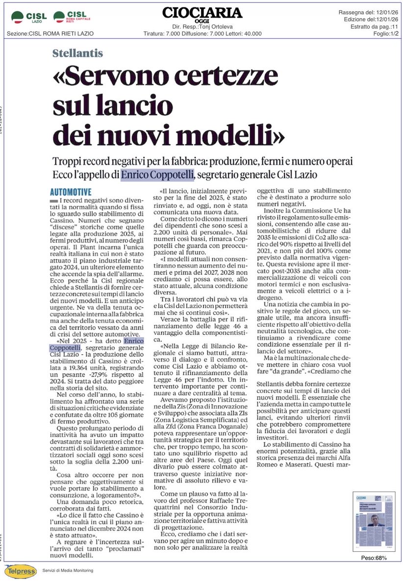 Cisl_Lazio's tweet photo. Stellantis: Intervento di Enrico Coppotelli sulla crisi dell’Automotive nella Regione Lazio.
📉 Nel 2025 produzione crollata (-27,9%). Oltre 105 giorni di fermo produttivo e personale sceso a 2.200 unità. È tempo di agire! Chiediamo certezze su nuovi modelli ed investimenti https://t.co/eBoHU5uZjO