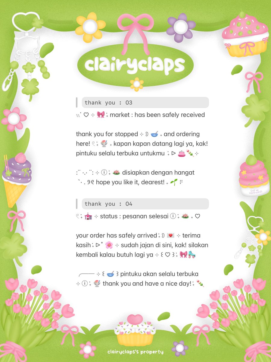 clairyclaps's tweet image. help repost? timaaci 💘

𓏲 ࣪˖ 💒 hi, love! ada wording thank you ꒰ ♡ ꒱ ˖ lagi nih . . chei bawain dengan harga 🌸🖇️
ⓘ  ࣪˖ 🎀 𓏭 &amp;lt; 5.500 / each &amp;gt; aja, yuk jemput!

dm me or ke tele ya!
t. #zonauang 🪷🍡