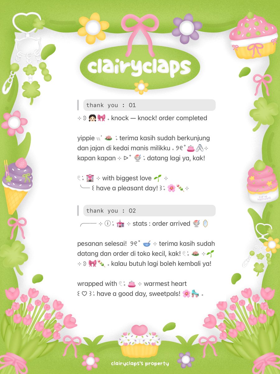 clairyclaps's tweet image. help repost? timaaci 💘

𓏲 ࣪˖ 💒 hi, love! ada wording thank you ꒰ ♡ ꒱ ˖ lagi nih . . chei bawain dengan harga 🌸🖇️
ⓘ  ࣪˖ 🎀 𓏭 &amp;lt; 5.500 / each &amp;gt; aja, yuk jemput!

dm me or ke tele ya!
t. #zonauang 🪷🍡