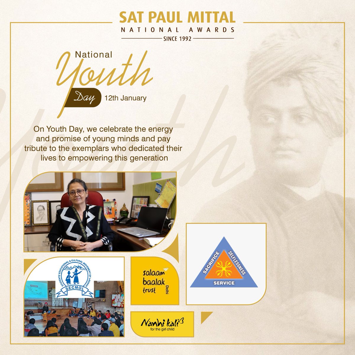 This National Youth Day, we pay tribute to our exemplars who devoted their lives to uplifting children &amp; young people. We honour Parivaar Education Society, Dr Kiran Modi, Salaam Baalak Trust, Project Nanhi Kali &amp; SECMOL for their tireless efforts toward education &amp; empowerment.
