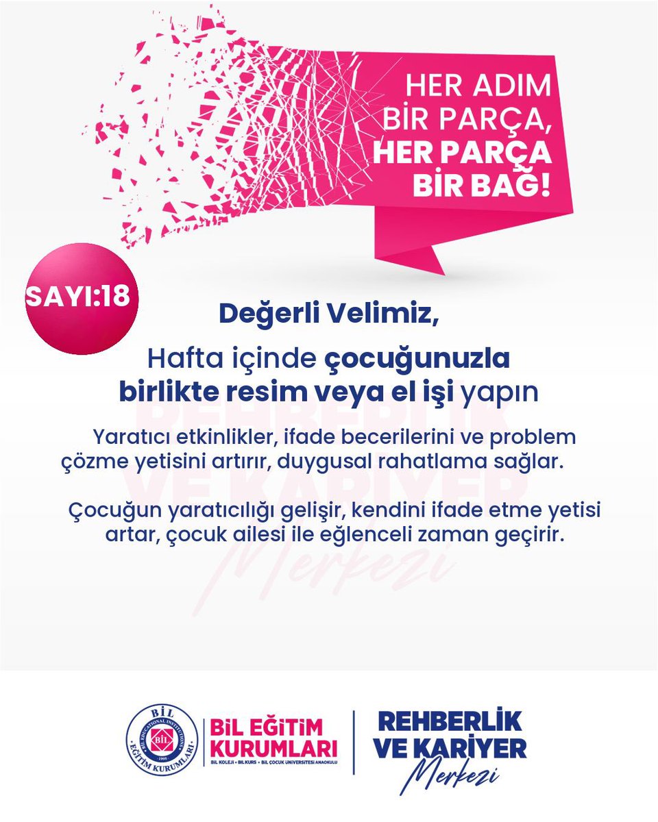 Her Adım Bir Parça, Her Parça Bir Bağ!

📌 Bu haftanın Küçük adımlar, büyük bağlar kurar. önerisi:
Bu hafta, çocuğunuzla birlikte resim yapma ya da basit bir el işi çalışması için kısa ama keyifli bir zaman ayırmanızı öneriyoruz.
<a href="/bil_kariyer/">BİL Rehberlik ve Kariyer Merkezi</a>