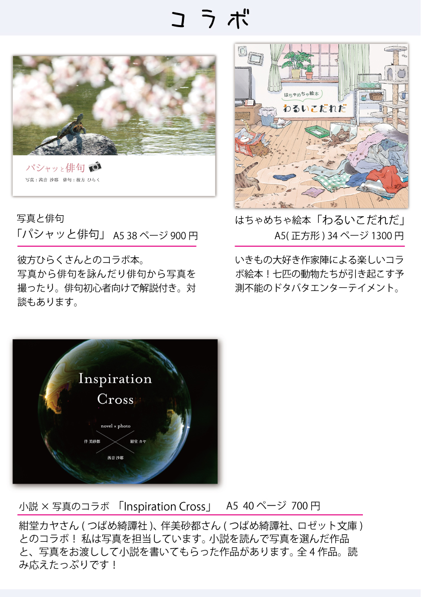 SayaPhotoba's tweet image. 今週日曜日に文学フリマ京都に出展！ほぼ去年の大阪と同じですが、昔作った写真詩集が3部ほどあるかも？

Webカタログ：c.bunfree.net/e/hav
📍ブース:こ-21(3階)
🗓1/18(日) 12:00〜
✅入場無料
🏢京都市勧業館「みやこめっせ」
📕イベント詳細→ bunfree.net/event/kyoto10/  #文学フリマ京都