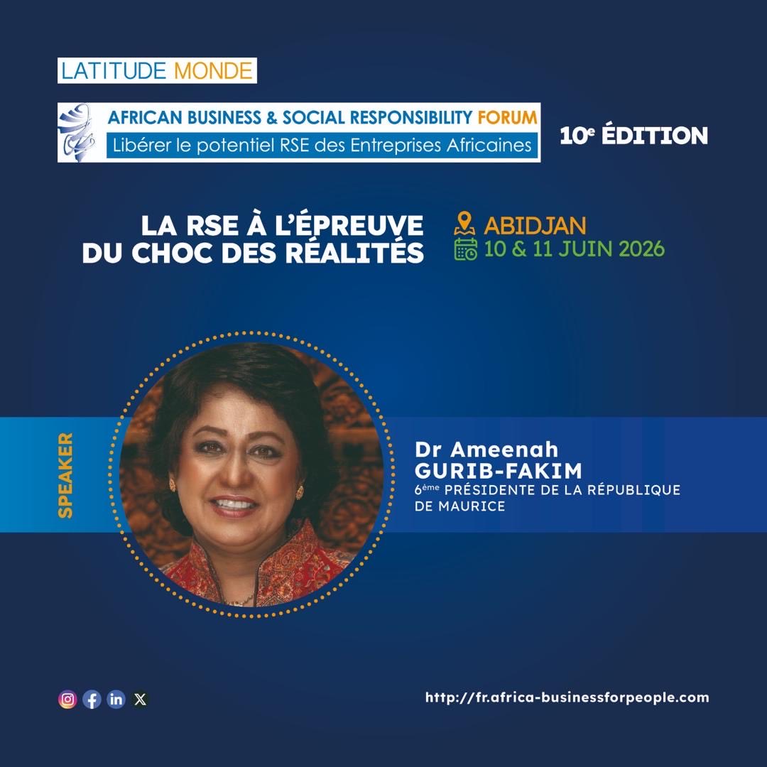En route pour célébrer les 10 ans de l’African Business and Social Responsibility Forum avec Son Excellence Ameenah Gurib-Fakim, 6ème Présidente de la République de Maurice. 

📍Cap sur Abidjan, les 10 &amp; 11 juin 2026. 

contact@latitudemonde.com

#rse #impact #odd