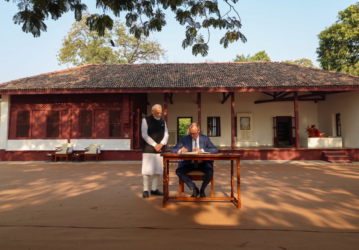 narendramodi's tweet photo. Sabarmati Ashram stands as a powerful reminder of Mahatma Gandhi’s ideals which have given strength to countless people around the world. 

In Ahmedabad this morning, went to Sabarmati Ashram with the Chancellor of Germany, Mr. Friedrich Merz.

@bundeskanzler

@_FriedrichMerz https://t.co/slYTP0Epvn