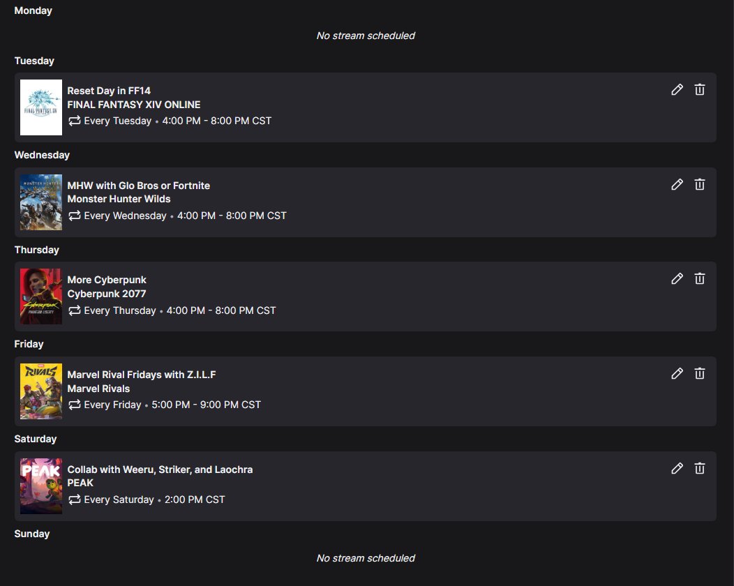 Schedule this week including a collab with <a href="/WeeruVT/">Weeru✨️🐱</a> which is LOOOOONG overdue! Should be a good week!