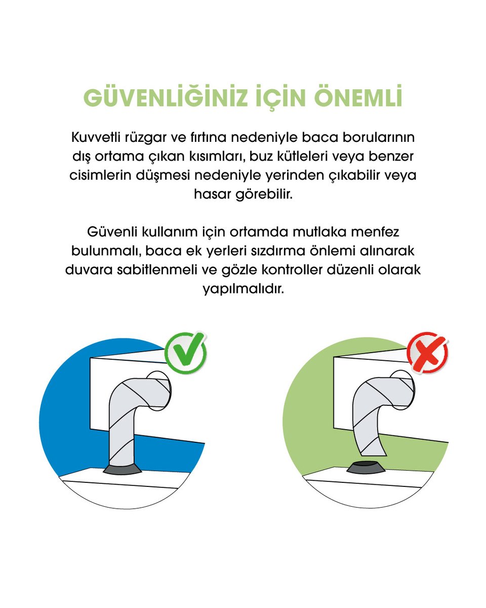 DOGALGAZAKSA's tweet image. Kuvvetli rüzgâr ve olumsuz hava koşulları, baca borularının dış ortamda kalan bölümlerinde yerinden çıkma veya hasara neden olabilir.
Güvenli kullanım için baca bağlantılarının doğru şekilde sabitlenmesi, sızdırmazlığının sağlanması ve düzenli olarak kontrol edilmesi önemlidir.