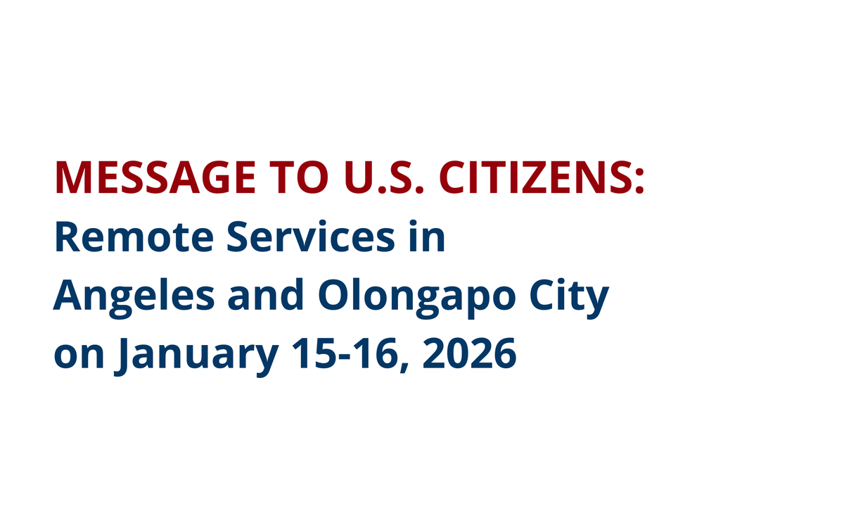 USEmbassyPH's tweet photo. Message to U.S. Citizens:  Remote Services in Angeles and Olongapo City on January 15-16, 2026
https://t.co/6GCI0Abq9c

The U.S. Embassy’s American Citizens Services (ACS) Unit is pleased to announce an upcoming outreach event in partnership with the U.S. Department of Veterans Affairs (VA) and the Federal Benefits Unit/Social Security Administration (SSA). We will provide in-person services at the following locations and dates:

Angeles City: Thursday, January 15, 2026
- Location:  Clark Marriott Hotel
- Service Hours:  7:00 a.m. to 11:00 a.m. (sign-up begins at 6:30 a.m.)
- Participants: ACS, VA REGIONAL OFFICE, AND SSA

Olongapo City: Friday, January 16, 2026
- Location:  Le Charmé Suites
- Service Hours:   7:00 a.m. to 11:00 a.m. (sign-up begins at 6:30 a.m.)
- Participants: ACS AND SSA

Services will be offered on a first-come, first-served basis.  We recommend arriving early to secure a spot.

-------
Available Services:
- ACS (ANGELES AND OLONGAPO)
Applicants for Citizenship and Passport services must review all information on the U.S. Embassy website and come prepared to help ensure their application is processed quickly.
· Consular Report of Birth Abroad (CRBA) applications:
*IMPORTANT NOTE:
- All CRBA applicants MUST register through the eCRBA system and carefully follow the instructions for uploading required documents and paying the fee online.  Applicants who are unable to present a travel summary as proof of eCRBA registration WILL NOT BE accommodated. Please review and follow the complete instructions at: https://t.co/7Ht1ATAAY4
- If you are over 18 and applying for U.S. citizenship, you will need to personally appear at the embassy to submit your application.  Please review the instructions on our website to get an appointment.
· U.S. passport applications
· Notarial services

SSA (ANGELES AND OLONGAPO)
· Discussing eligibility and processing claims for Social Security benefits.
· Processing Social Security Number (SSN) applications.
· Resolving issues such as address changes, direct deposit, Medicare enrollment, or non-receipt of benefits.

VA – Regional Office (ANGELES only)
· Answering inquiries about VA benefits and claims.
· Helping complete applications for compensation or pension benefits.
· Providing information on PACT Act claims.

------
What to Bring:
· Original documents and photocopies required for your specific service.
· Passport applicants: Bring a passport photograph meeting these requirements: https://t.co/A4aHD4vxOL
· Documents and photos must be prepared in advance.  Embassy personnel cannot provide printing, copying, or photography services.

------
Help Us Plan:
Please complete our brief survey to indicate which services you need and help us anticipate attendance:  Complete the survey here: https://t.co/s755oKwIxI

------
Payment for ACS Services:
Fees must be paid in exact change (Philippine pesos ONLY).
· Adult Passport: PHP 9,900.00
· Minor Passport: PHP 8,100.00
· Passport Renewal (Minor): PHP 8,100.00
· Passport Renewal (Adult): PHP 7,800.00
· CRBA: PHP 6,000.00
· Notarial: PHP 3,000.00

We look forward to serving you in Angeles City on January 15 and Olongapo City on January 16!

----------------------------------------------------------
For further information and assistance:
· Enroll in the Smart Traveler Enrollment Program (STEP) (https://t.co/q8w0nZfWZo) to receive Alerts and make it easier to locate you in an emergency.
·  Contact the U.S. Embassy in Manila, Philippines, located at 1201 Roxas Boulevard, at +(63) (2) 5301-2000, from 7:30 a.m. to 4:30 p.m. Monday through Friday. After-hours emergency number for U.S. citizens is +(63) (2) 5301-2000.
·  Call 1-888-407-4747 toll-free in the United States and Canada or 1-202-501-4444 from other countries from 8:00 a.m. to 8:00 p.m. Eastern Standard Time, Monday through Friday (except U.S. federal holidays).
·  See the State Department’s travel website for the Worldwide Caution, Travel Advisories, Alerts, and the Philippines Country Specific Information.