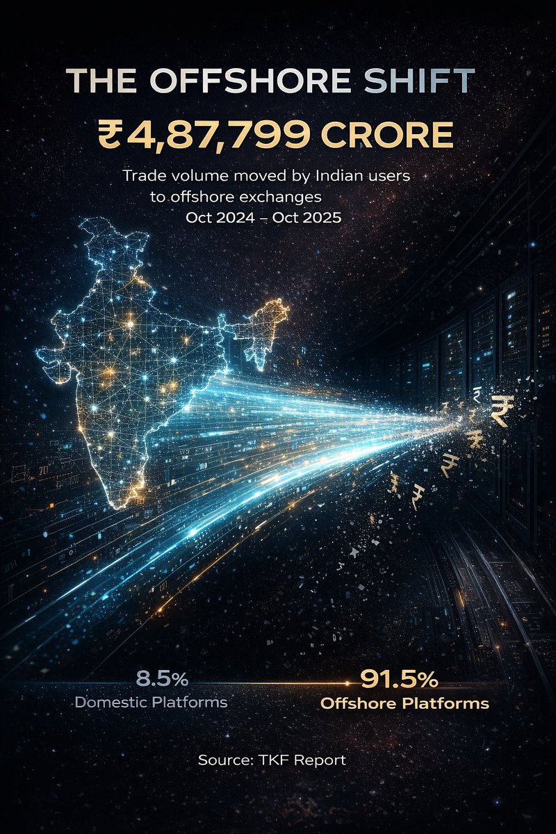 ₹4,87,799 crore trade volume moved offshore in just one year. 91.5% of  Indian crypto trading now happens outside India. (2024-2025)