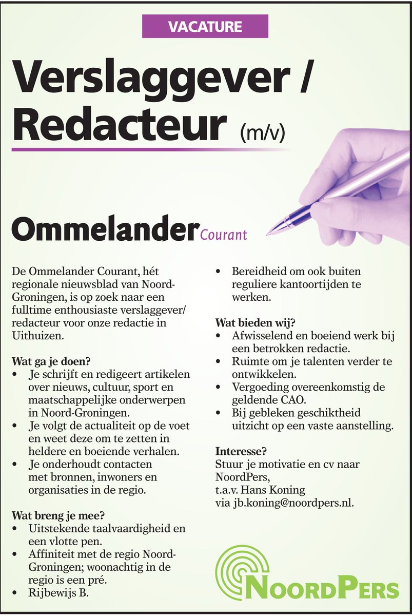 Wil je dolgraag de collega worden van <a href="/HielkoMerkus/">Hielko Merkus</a> en ondergetekende? Nou, dan heb je mazzel, want dat kan. #vacature #journalist #ommelander.