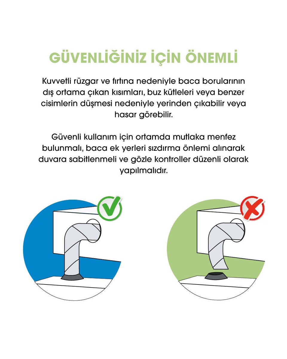 AksaBandirma's tweet photo. Kuvvetli rüzgâr ve olumsuz hava koşulları, baca borularının dış ortamda kalan bölümlerinde yerinden çıkma veya hasara neden olabilir.
Güvenli kullanım için baca bağlantılarının doğru şekilde sabitlenmesi, sızdırmazlığının sağlanması ve düzenli olarak kontrol edilmesi önemlidir. https://t.co/c13MFNI1GE