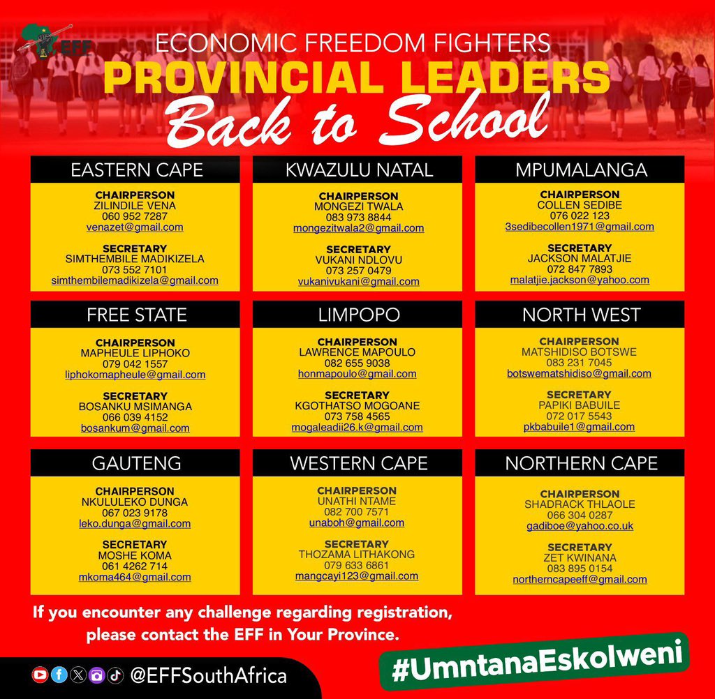 EFF_FreeState's tweet photo. School admission challenges should not deny any child their future.

Get in touch with your local EFF Provincial Leaders for assistance.

No child left behind — education for all!

#UmntanaEskolweni https://t.co/5nImNdsW7i