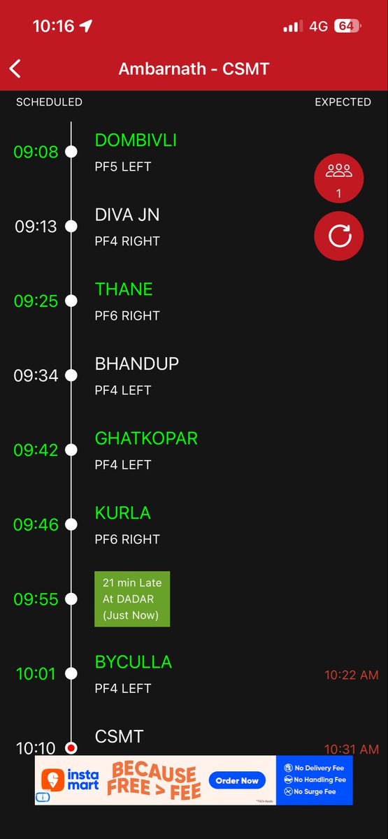 BipinPal291642's tweet image. @srdomcogbbcr 

Day 2 Monday  *21 mint late*

Today, I am sharing the #mindicator screenshot due to a flickering issue with the platform indicators.

The train scheduled at 8:49 AM from Ambernath to CST arrived at Dadar 21 minutes late.

#Mumbailocaltrain @AshwiniVaishnaw