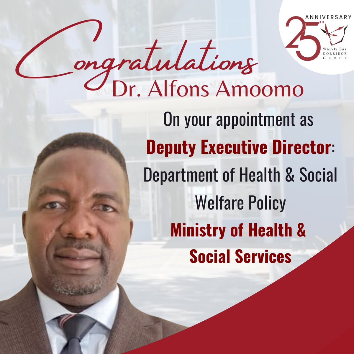 _WBCG's tweet image. WBCG Board, Management and Staff, express a heartfelt congratulation to Dr. Alfons Amoomo on his appointment as the Deputy Executive Director in the Ministry of Health and Social Services.
#WBCG #WBCGWellnessServices #CongratulationsDrAlfonsAmoomo #DeputyExecutiveDirector #MoHSS