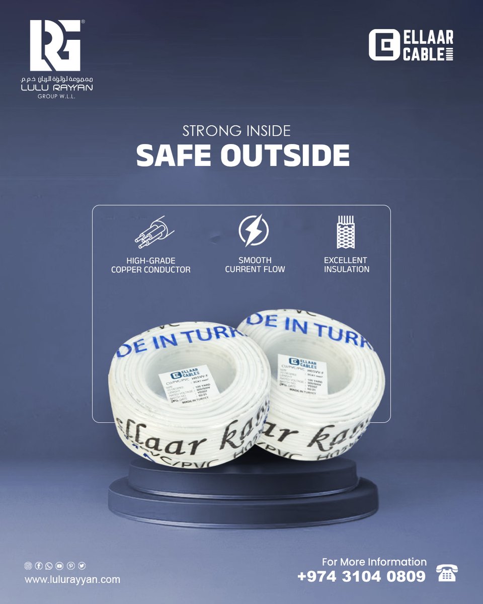 Strong Inside. Safe Outside.

Ellaar Cable offers the perfect balance of high-grade copper performance and excellent insulation safety.

⏹️High-Grade Copper
⏹️Smooth Current Flow
⏹️Excellent Insulation

📌Trust the expertise of Lulu Rayyan Group W.L.L. for your next installation.