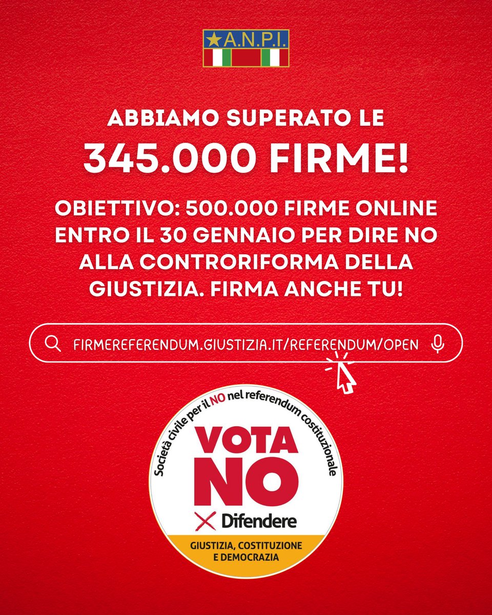Referendum sulla giustizia: superate le 345.000 firme! Firma anche tu e fai firmare su firmereferendum.giustizia.it/referendum/ope… #ReferendumGiustizia #ComitatoperilNo #VotaNo
