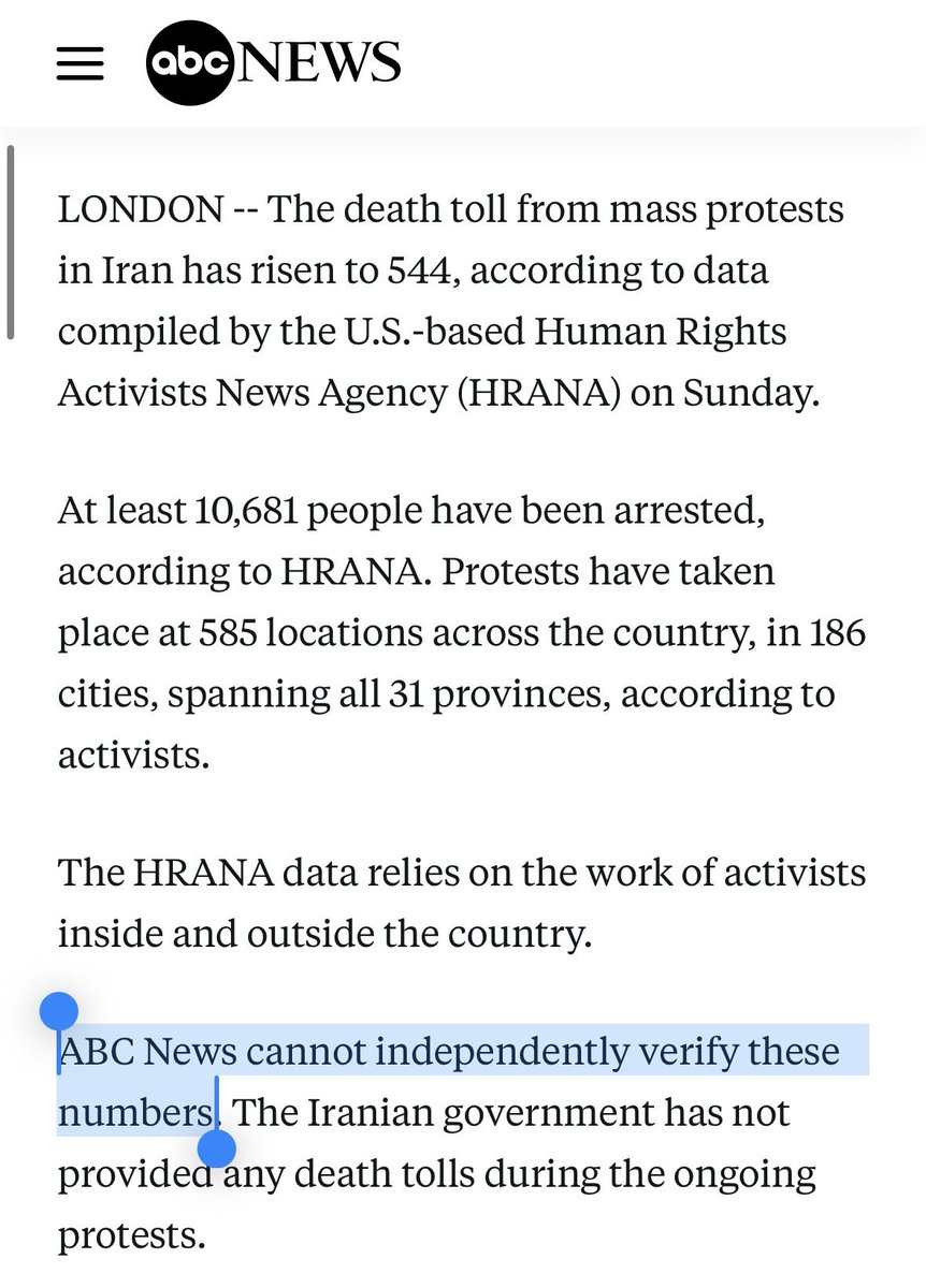 Bar_ShemUr's tweet photo. This ABC News headline is wild.
When reporting on deaths in Iran, ABC carefully notes that a human-rights group claims more than 500 people were killed, but immediately adds that the numbers “can’t be independently verified.” They don’t even bother to say who did the killing.
But when ABC covered Gaza, they had no problem running Hamas’s numbers, claiming 67,000 people were killed, without once flagging that those figures also couldn’t be independently verified.
