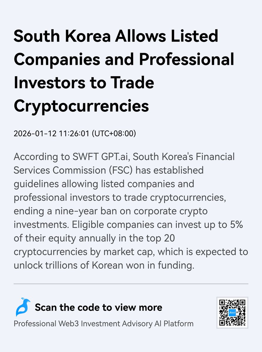Crypto shift in South Korea! 🇰🇷 After 9 years, the ban is officially  over. Listed companies & pro investors can now invest in crypto, up to 5%  of equity annually in the