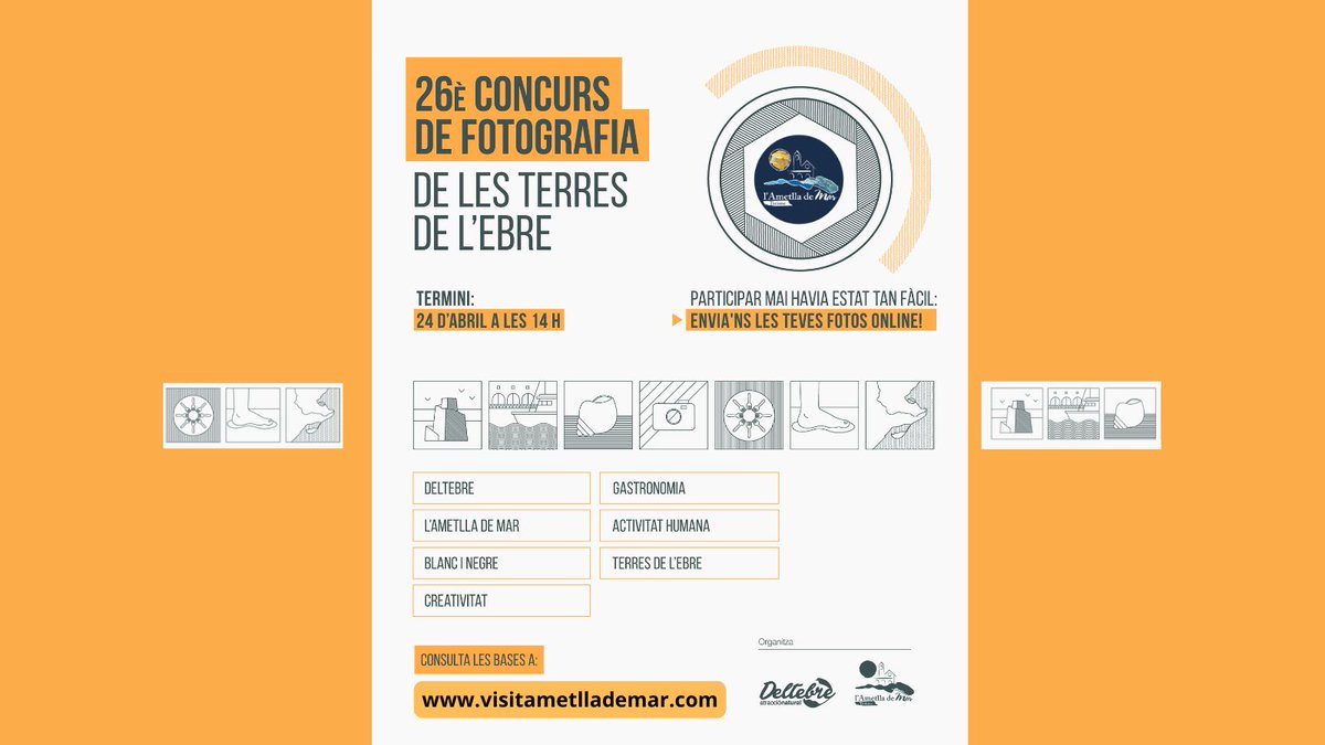 🆕 Ja podeu consultar les NOVES bases per participar en el 26è CONCURS DE FOTOGRAFIA de les #TerresdeEbre amb 15 premis distribuïts en 7 categories.

ℹ️👉visitametllademar.com/s/RamVtdhJ

Organitzen: #Turisme #AmetlladeMar i <a href="/TurismeDeltebre/">Descobreix Deltebre</a>
