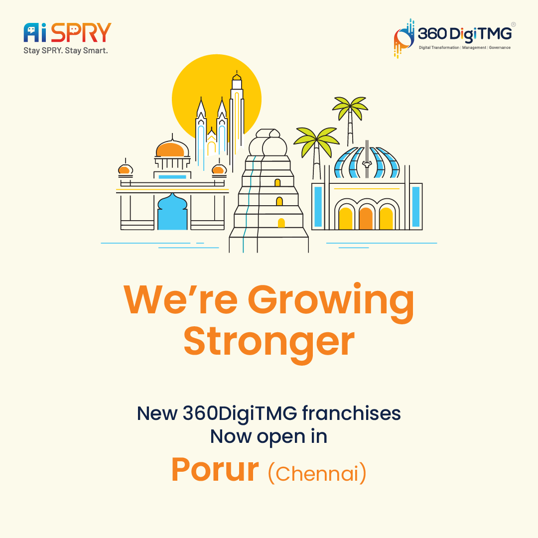 360digitmg's tweet image. 🚀 Growing stronger, one milestone at a time!
360DigiTMG launches its new franchise in Porur, Chennai 🎉

Empowering future careers in AI, Data, Cloud &amp;amp; Digital Skills.

#360DigiTMG #Chennai #Porur #EdTech #AI #DataScience #Upskilling