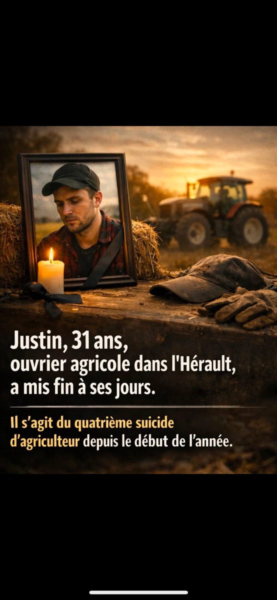 LeDirectInfo's tweet image. 😞 PARTAGER l  ENCORE UNE TRAGIQUE NOUVELLE 

JUSTIN 31 ans, ouvrier agricole dans l’Hérault, a mis fin à ses jours. Il s’agit du quatrième suicide d’agriculteur depuis le début de l’année.

Des images que vous ne verrez pas dans les médias traditionnels

‼️Afin de sensibiliser…