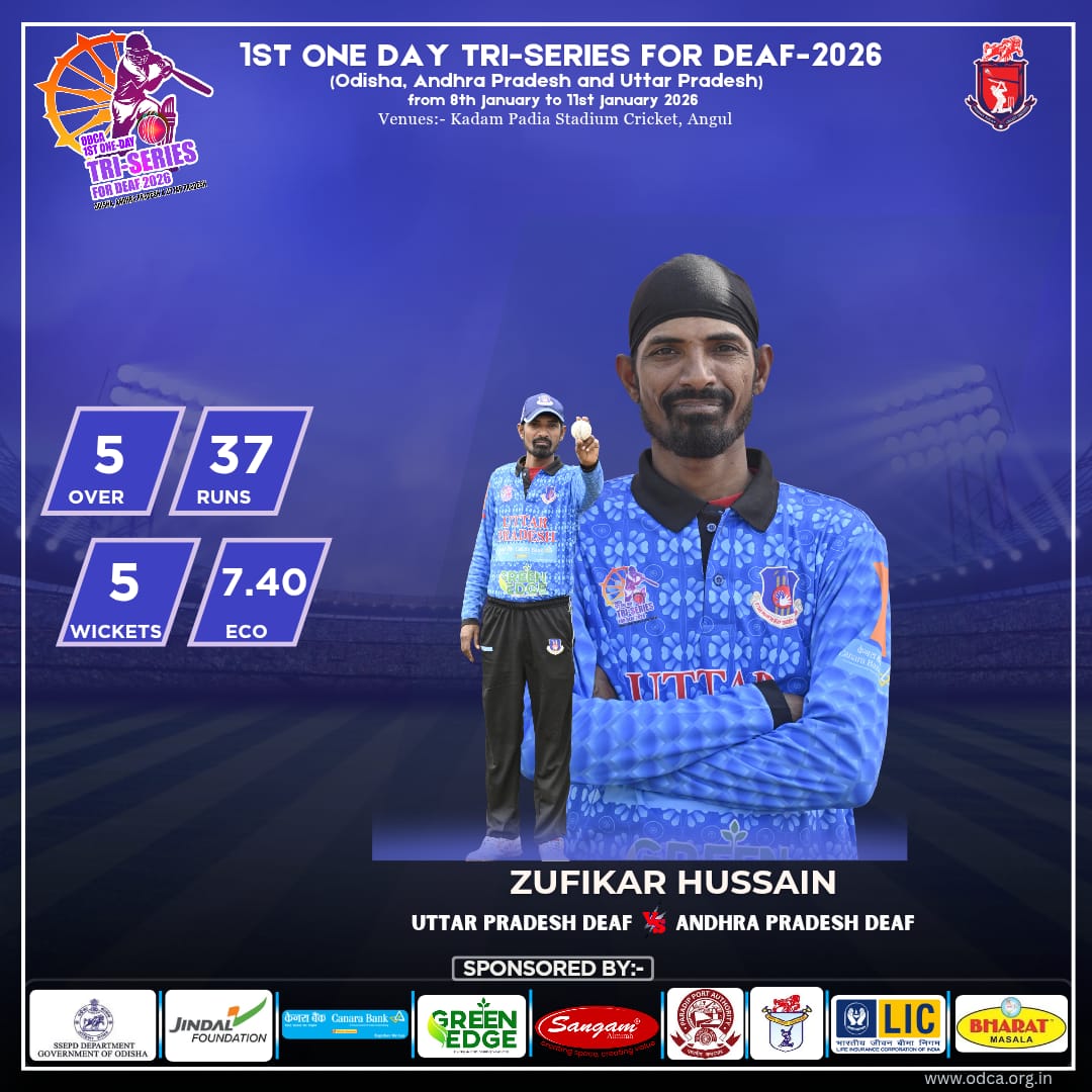 official_odca's tweet photo. Five-for magic 🔥
Zufikar Hussain  rips through the lineup with a against Andhra Pradesh Deaf 5-wicket haul! 🏏
#1stonedaytriseriesfordeaf2026 #odishadeaf #deafcricket #ODCA #udca https://t.co/dJpLTtvfGv