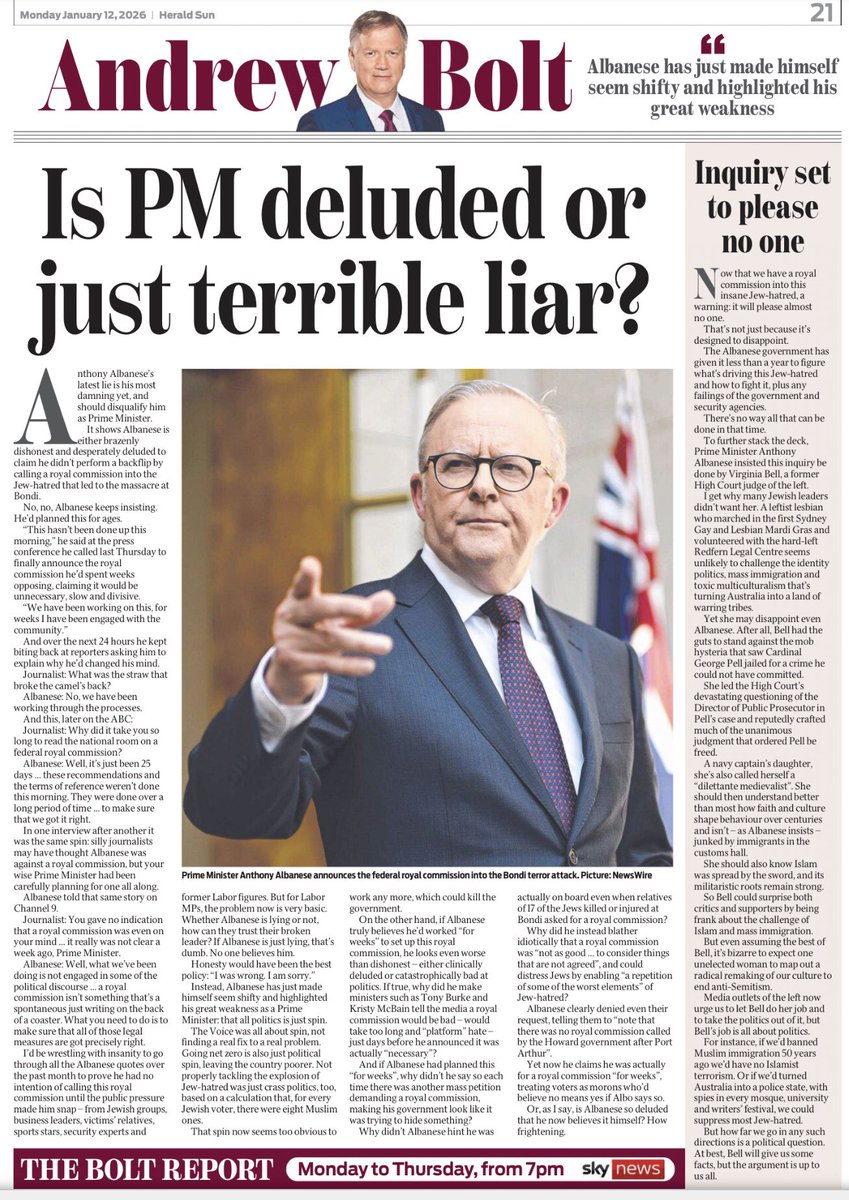 LT_Aust's tweet image. A Forensic Analysis Into Labor PM Anthony Albanese’s Bondi Lies

Andrew Bolt nails Albanese on his lies, his contradictions &amp;amp; attempted suppression of the truth that would have &amp;amp; ultimately will expose his complicity &amp;amp; also his Labor Govt.

#Auspol #LaborTrash Govt