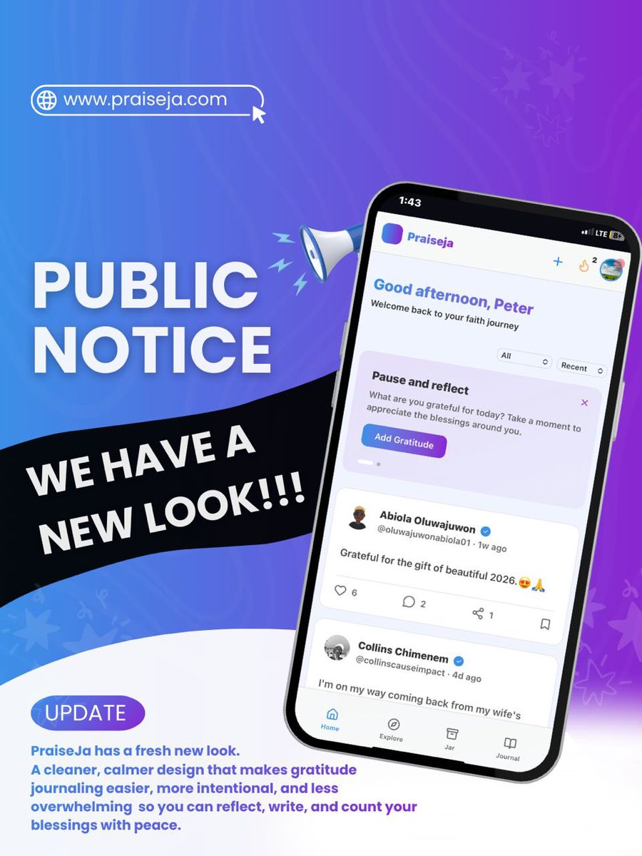 praisejaoficial's tweet photo. Check out the new PraiseJa. updated features, smoother experience, built to serve you better. ✨
#Praiseja
#GratitudeDaily
#GratitudeInAction https://t.co/nLaYkBIQLT
