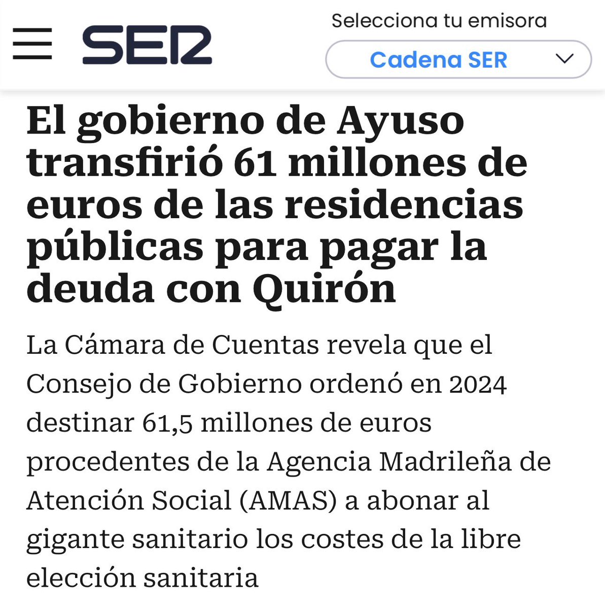 ‼️ 61 millones de euros que deberían haber ido a las residencias públicas acabaron en las arcas de Quirón.

Lo aprobaron en silencio y lo ha detectado la Cámara de Cuentas.

Lo habitual en el Gobierno de Ayuso: privatizar, ocultar y mentir.​​​​​​​​​​​​​​​​
cadenaser.com/cmadrid/2026/0…