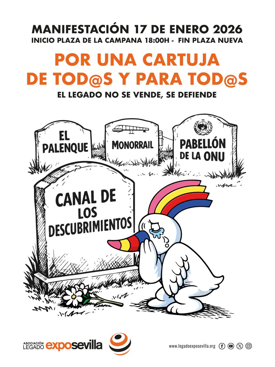 📢 Manifestación Sábado 17 de Enero 2026📢

🕕18h00, salida desde Plaza de la Campana.
⚫️Ven y asiste al funeral por el Canal de los Descubrimientos con ropa negra.

"Por una Cartuja de tod@s y para tod@s"

⬇️📃legadoexposevilla.org/accion-reivind…