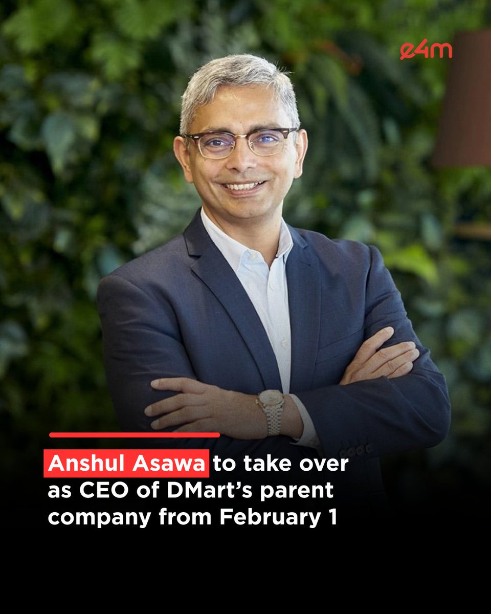 e4mtweets's tweet image. Anshul Asawa to take over as CEO of DMart’s parent company from February 1.
He has held various marketing, sales, digital commerce and general management positions in multiple countries and categories.

Read the full story : exchange4media.com/people-movemen… 

#AnshulAsawa #DMart