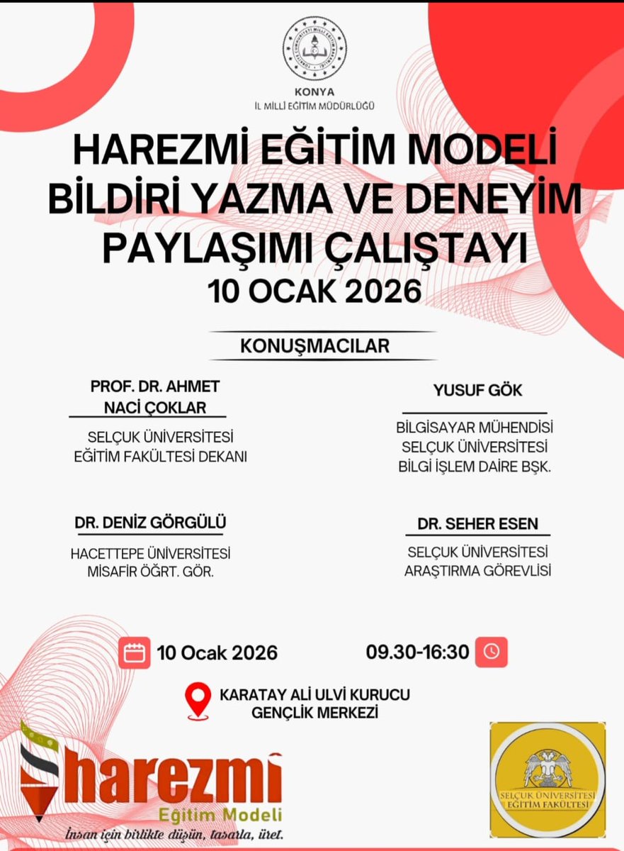 konyamem's tweet photo. “HAREZMİ EĞİTİM MODELİ BİLDİRİ YAZMA VE DENEYİM PAYLAŞIMI ÇALIŞTAYI” GERÇEKLEŞTİRİLDİ

Türkiye Yüzyılı Maarif Modeli’nin 'köklerden geleceğe' vizyonunu ve bütüncül eğitim yaklaşımını destekleyen Harezmi Eğitim Modeli kapsamında, ilimizde yürütülen çalışmaların bilimsel çıktılara dönüştürülmesi ve saha uygulamalarının paylaşılması amacıyla “Harezmi Eğitim Modeli Bildiri Yazma ve Deneyim Paylaşımı Çalıştayı”, 10 Ocak 2026 tarihinde Ali Ulvi Kurucu Gençlik Merkezinde gerçekleştirildi.

Harezmi Eğitim Modeli Konya İl Yürütme Kurulu tarafından düzenlenen Çalıştay’ın açılış programında, Selçuk Üniversitesi Eğitim Fakültesi Dekanı Prof. Dr. Ahmet Naci Çoklar ve İl Milli Eğitim Müdür Yardımcımız Aynur Türkoğlu birer konuşma yaptılar.

Çalıştay süresince öğretmenlerimize, uygulamalarda elde edilen verilerin bilimsel araştırma raporu ve bildiri hâline dönüştürülmesi, nitel ve nicel araştırma yöntemleri ile yapay zekâ destekli yazım süreçleri konusunda bilgilendirme ve rehberlik çalışmaları yapıldı. Çalıştayda ayrıca, saha deneyim paylaşımı toplantıları gerçekleştirildi.

Programa, Selçuk Üniversitesi Bilgi İşlem Daire Başkanı Yusuf Gök, Hacettepe Üniversitesi Misafir Öğretim Görevlisi Dr. Deniz Görgülü, Selçuk Üniversitesi Araştırma Görevlisi Dr. Seher Esen ve öğretmenlerimiz katılım sağladı.

@tcmeb @Yusuf__Tekin @TCKonyaValiligi @Vali_Akin 
@Konyabuyuksehir @u_ibrahim_altay @farukyelkenci 
@meb_ogm @h_ibrahim_topcu  @gokhanmurat1 
#BizimOkulumuz #BaşarmayaHazırım #Konyamem