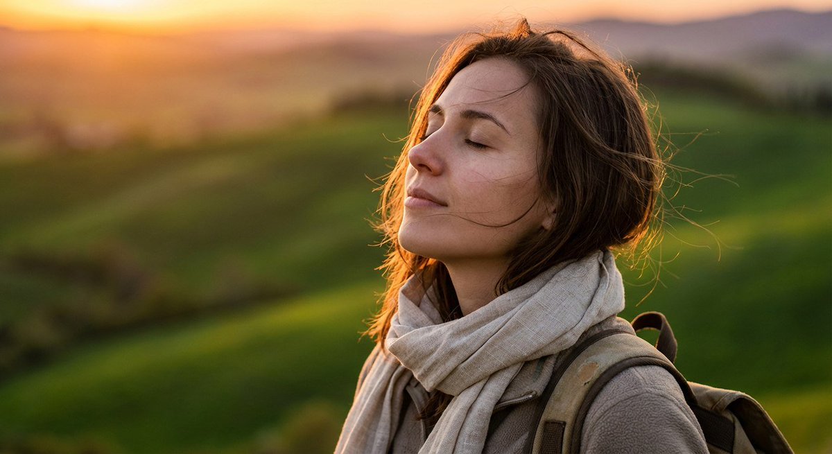 CryptoOracle168's tweet image. A cinematic close-up shot of a young female traveler standing in a vast, emerald-green grassland during the golden hour. Her eyes are softly closed as she breathes in the fresh air, with delicate strands of her hair illuminated by the warm, amber rim light of the setting sun. The…