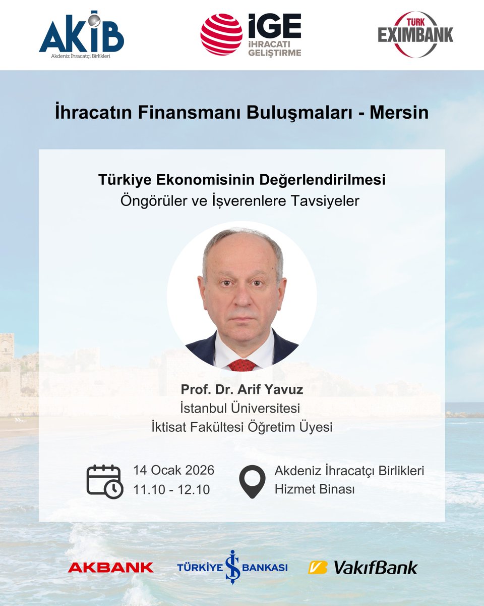 📢 İhracatın Finansmanı Buluşmaları 14 Ocak’ta Mersin’de!
 
İhracat ve finans dünyasının önde gelen kurumlarıyla bir araya geleceğimiz bu önemli buluşmada yerinizi ayırtmayı unutmayın👉 shorturl.at/gEA62
 
<a href="/akibihracat/">AKİB</a> <a href="/Turk_Eximbank/">Türk Eximbank</a> <a href="/Akbank/">Akbank</a> <a href="/isbankasi/">İş Bankası</a> <a href="/VakifBank/">VakıfBank</a> 
 
 #İGE