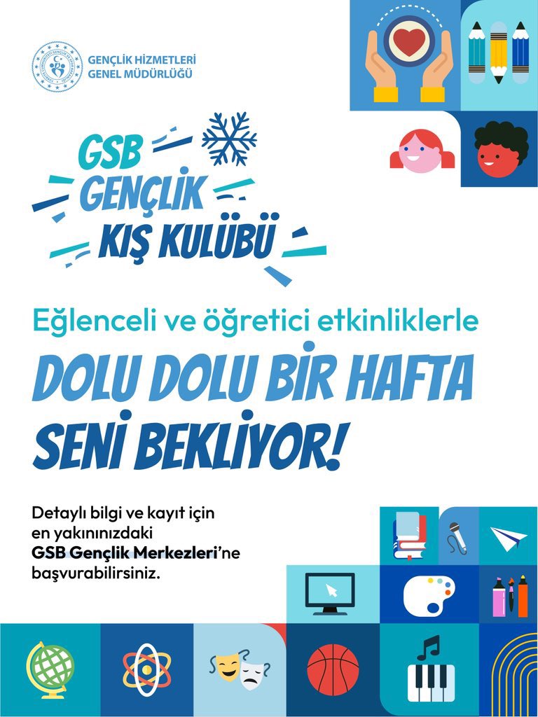 ❄️GSB Gençlik Kış Kulübü başlıyor! 

2026 yarıyıl tatilinde; sosyal, kültürel, sportif ve sanatsal etkinliklerle dolu dopdolu bir program gençleri bekliyor.  

🗓️ 1. Dönem: 19–24 Ocak 2026 (Pzt–Cmt)
🗓️ 2. Dönem: 26–31 Ocak 2026 (Pzt–Cmt)  
📍 Ahlat Gençlik Merkezi