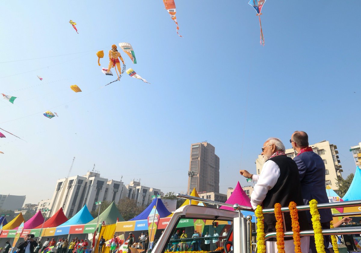 narendramodi's tweet photo. The Ahmedabad sky is filled with colour and vibrancy during the International Kite Festival.

Glad to have taken Chancellor Friedrich Merz of Germany to this very special occasion. Also happy to see him try his hand at flying a kite!

@bundeskanzler

@_FriedrichMerz https://t.co/3UjrE03YI0