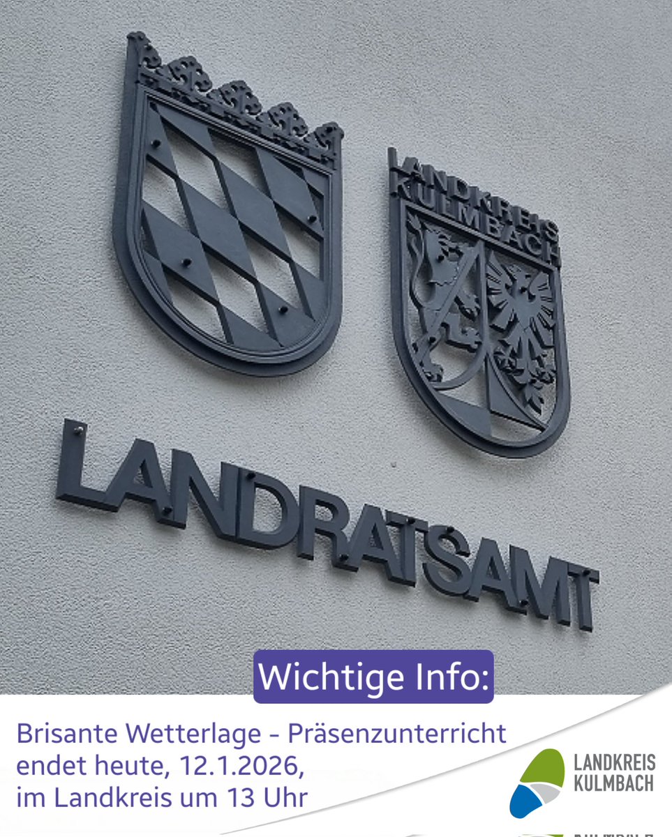 Aufgrund der Wetterlage endet heute, am 12.01.2026, der Präsenzunterricht an den Schulen im Landkreis Kulmbach um 13.00 Uhr.  Dies betrifft auch das Ganztagesangebot und die Nachmittagsbetreuung an den Schulen im Landkreis. Eine entsprechende Notbetreuung wird eingerichtet.