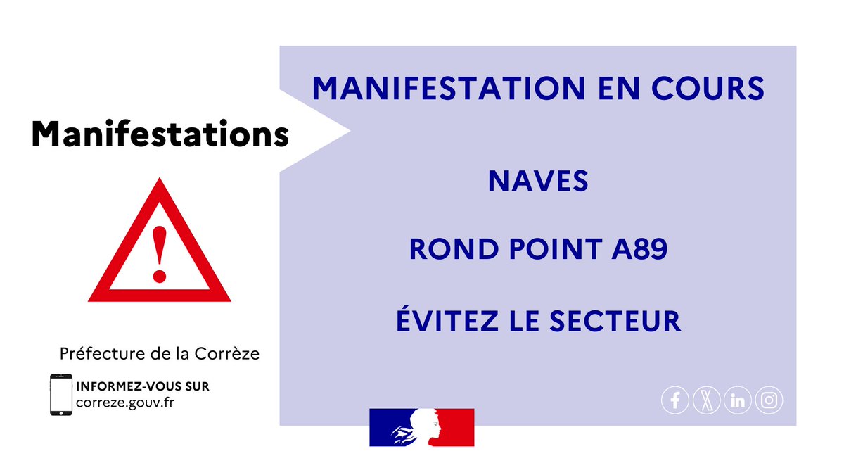 Image de Préfet de la Corrèze - #Manifestation | 🚜 Manifestation des agriculteurs en cours sur le rond point de l'A89 à Naves.
Prud