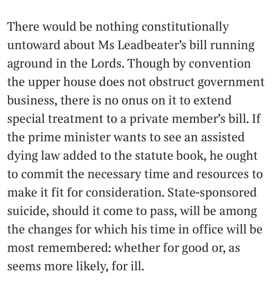 philipmurraylaw's tweet image. An excellent leader in today’s Times. It’s constitutionally legitimate for the House of Lords to vote down the assisted suicide bill. That this badly drafted law is coming a cropper in the upper house is because of the government’s refusal to take responsibility.