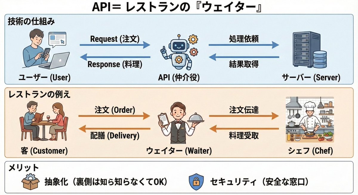 【「APIって結局なに？」と聞かれて、言葉に詰まった過去】

新人の頃、非エンジニアの同期にこう聞かれてフリーズしました。 「えっと、アプリと連携する窓口みたいな...」