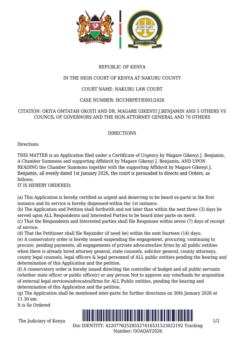 FaithOdhiambo8's tweet image. The @LawSocietyofKe is in receipt of a Petition seeking to stop the engagement of private practitioners by public entities, and a Court order dated 12th January 2026 granting conservatory orders suspending such engagements. From the onset, we note that not only is this Petition…