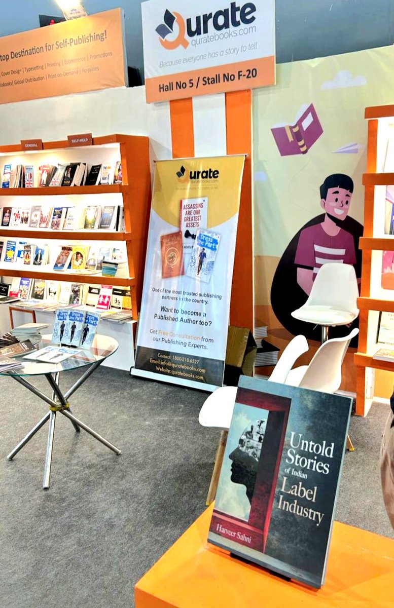The World Book Fair at Yashobhoomi, New Delhi, features my book "Untold Stories of Indian Label Industry" on display at the Qurate Books stand.