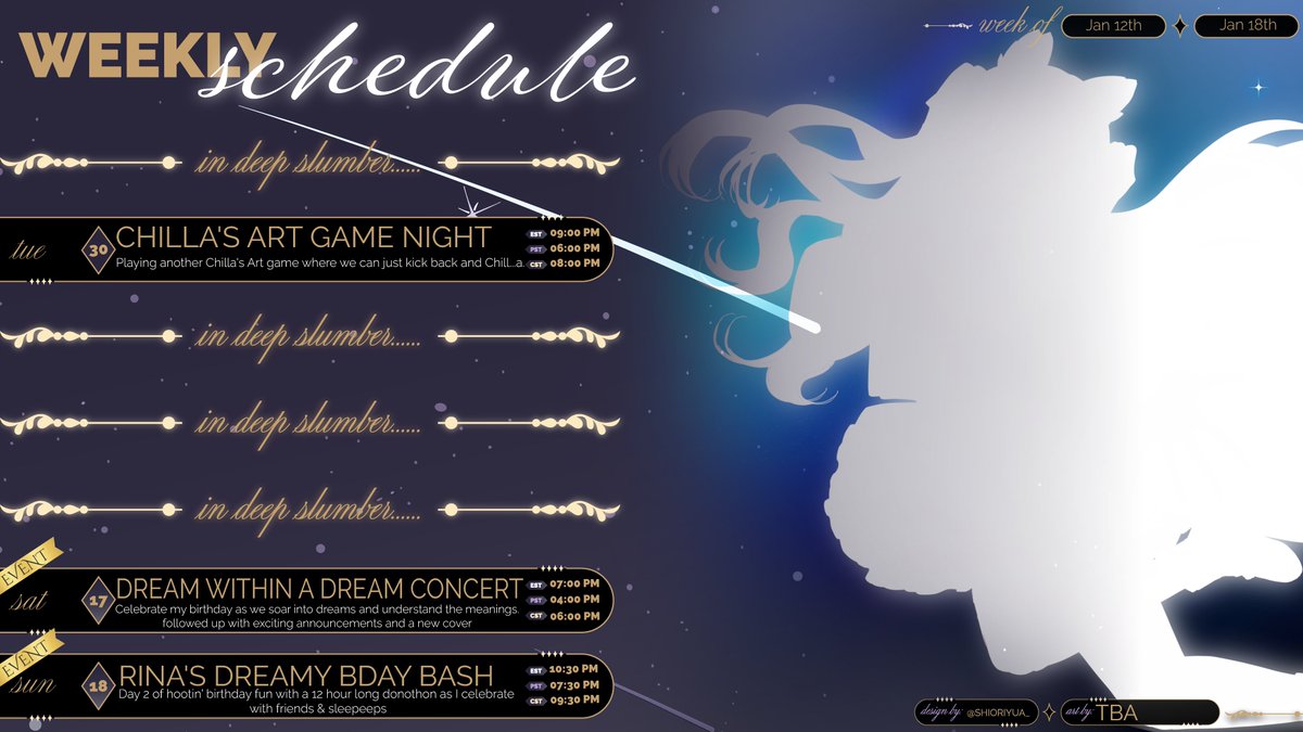 RinaLunette's tweet image. 【SLEEP SCHEDULE】
✦ 01.12 - 01.18 ✦

Hoo's birthday is this week ? Why it's mine, silly !!
I'm still working a lot behind the scenes to get everything done, but I'm thrilled to have another wonderful hootin' birthday with everyone.♥️